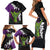 Hawaiian Halloween Family Matching Short Sleeve Bodycon Dress and Hawaiian Shirt Horror Shaka Hand with Plumeria and Polynesian Tattoo Midnight Color