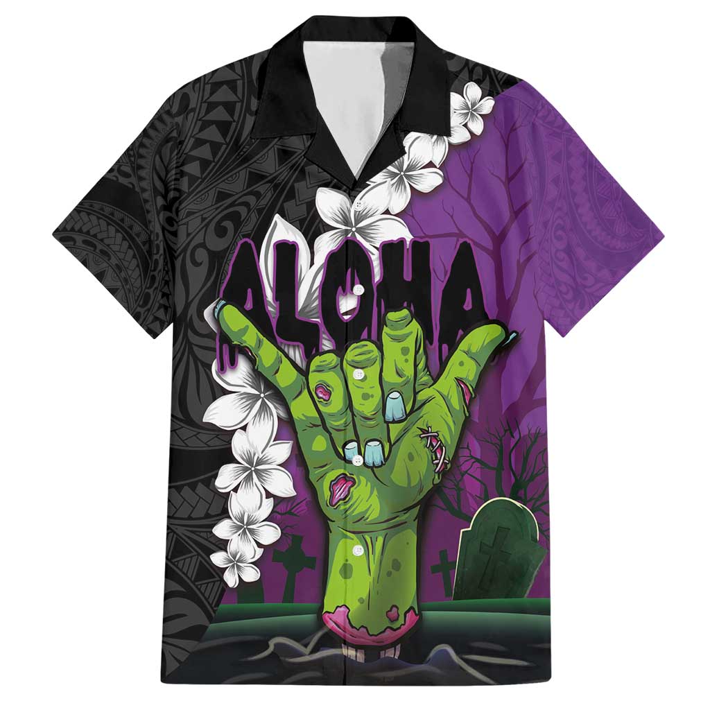 Hawaiian Halloween Hawaiian Shirt Horror Shaka Hand with Plumeria and Polynesian Tattoo Midnight Color LT03 Purple - Polynesian Pride