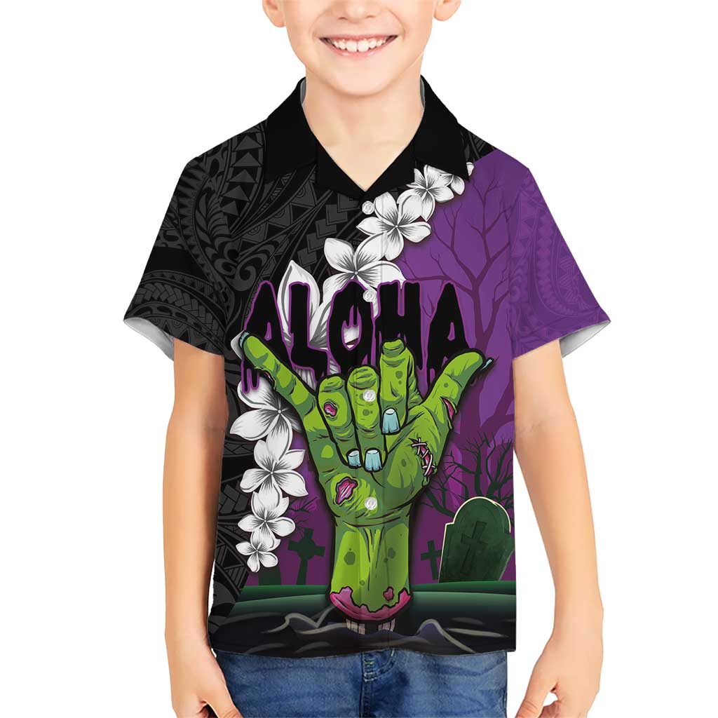 Hawaiian Halloween Kid Hawaiian Shirt Horror Shaka Hand with Plumeria and Polynesian Tattoo Midnight Color LT03 Kid Purple - Polynesian Pride