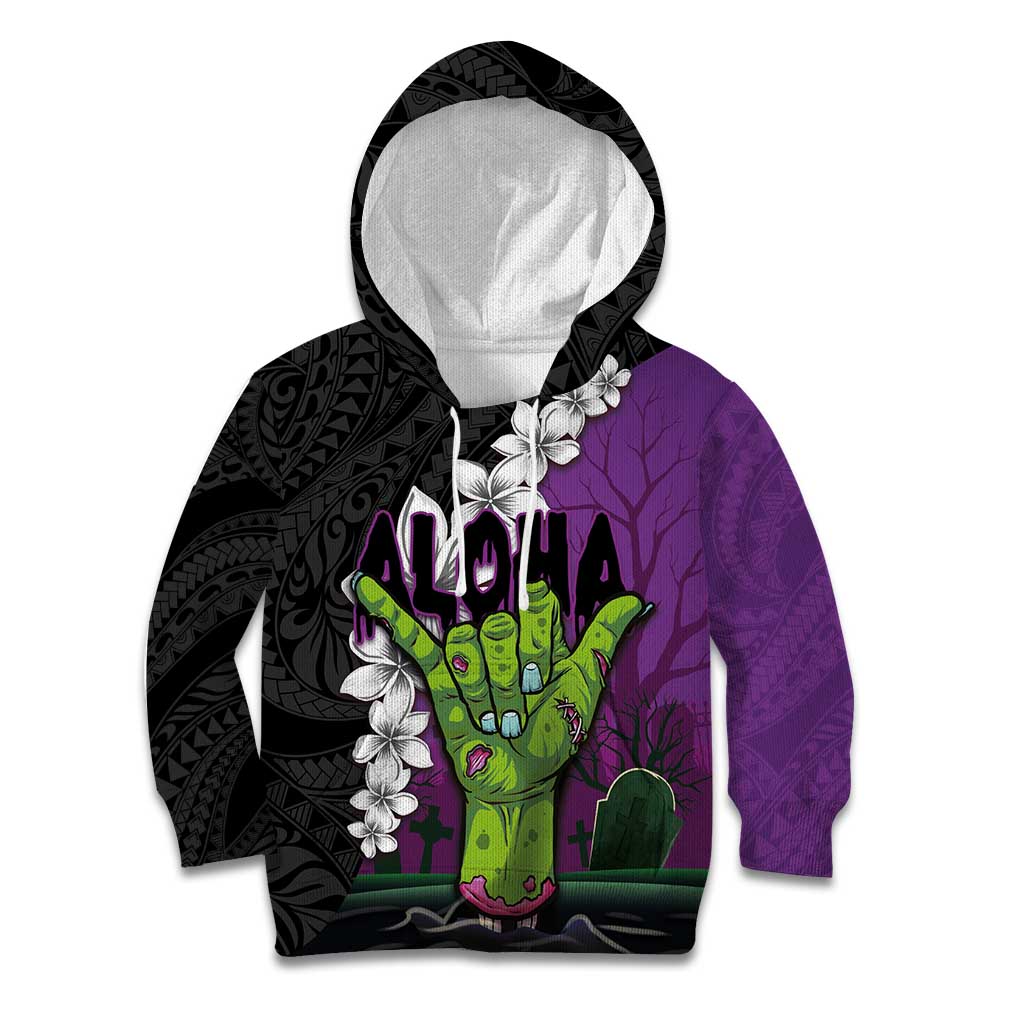 Hawaiian Halloween Kid Hoodie Horror Shaka Hand with Plumeria and Polynesian Tattoo Midnight Color LT03 Hoodie Purple - Polynesian Pride