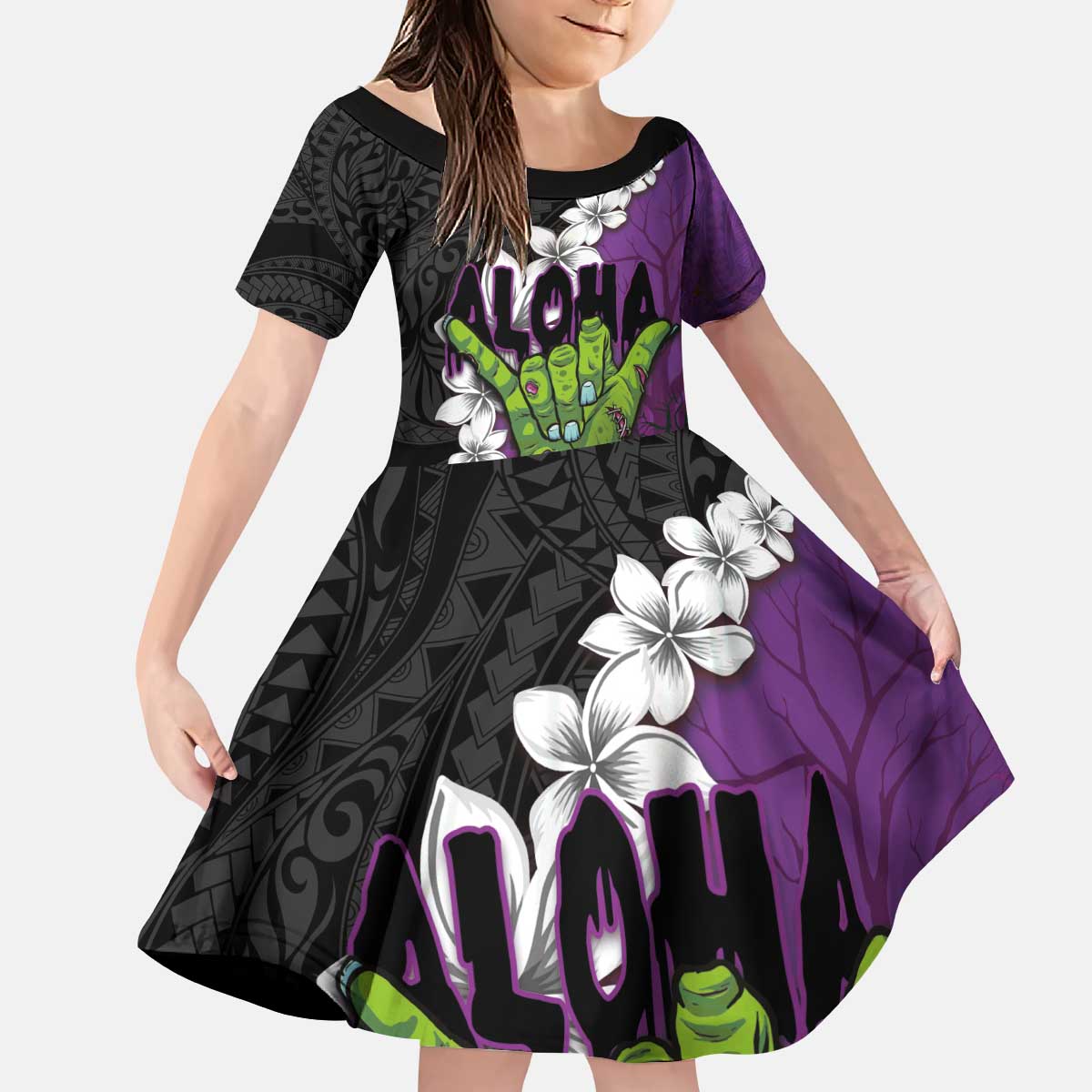 Hawaiian Halloween Kid Short Sleeve Dress Horror Shaka Hand with Plumeria and Polynesian Tattoo Midnight Color LT03 KID Purple - Polynesian Pride