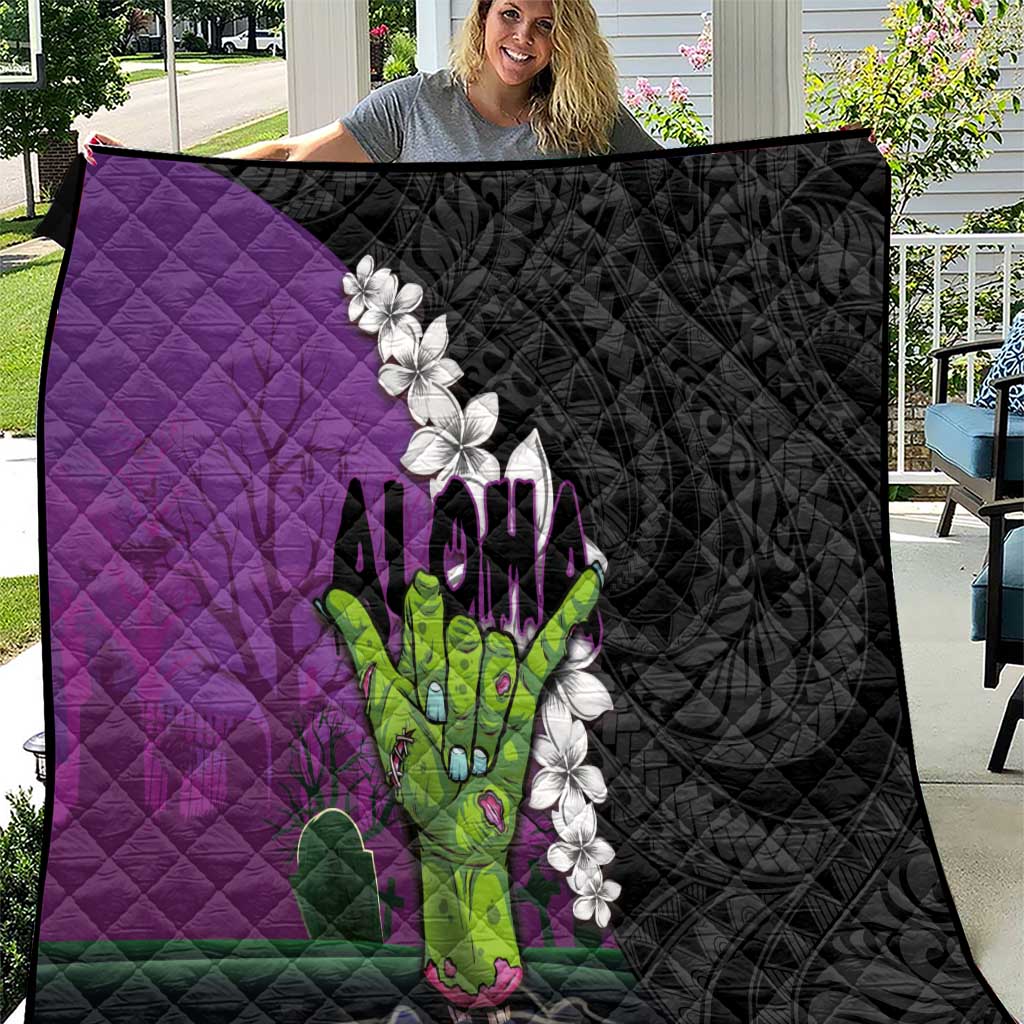 Hawaiian Halloween Quilt Horror Shaka Hand with Plumeria and Polynesian Tattoo Midnight Color