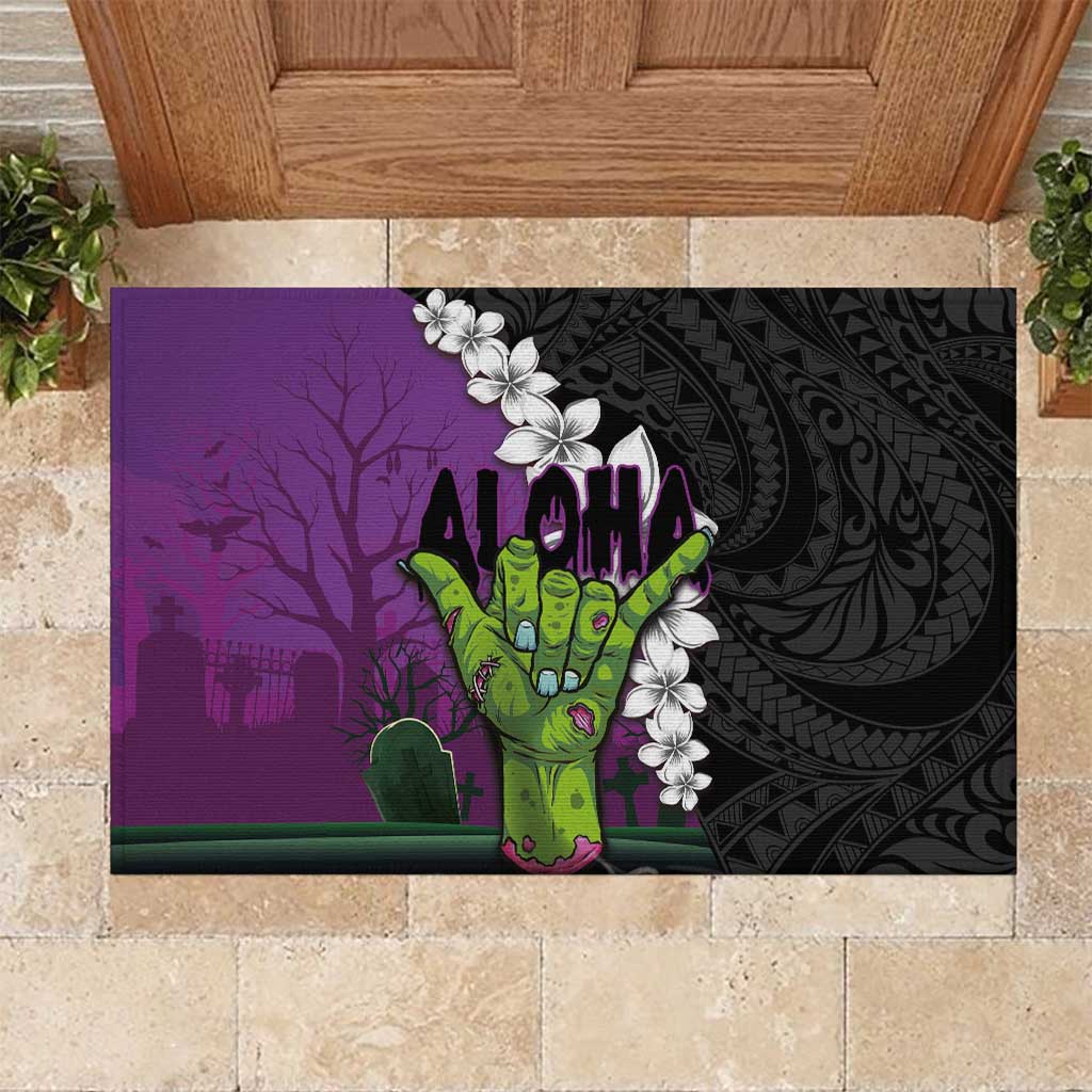 Hawaiian Halloween Rubber Doormat Horror Shaka Hand with Plumeria and Polynesian Tattoo Midnight Color LT03 Purple - Polynesian Pride