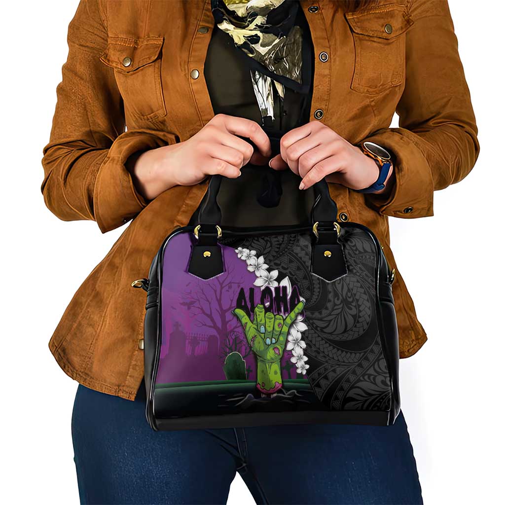 Hawaiian Halloween Shoulder Handbag Horror Shaka Hand with Plumeria and Polynesian Tattoo Midnight Color LT03 - Polynesian Pride