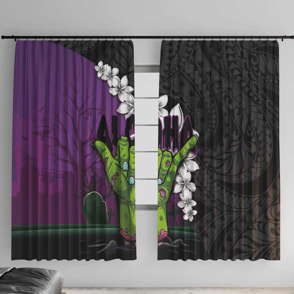 Hawaiian Halloween Window Curtain Horror Shaka Hand with Plumeria and Polynesian Tattoo Midnight Color LT03 With Hooks Purple - Polynesian Pride