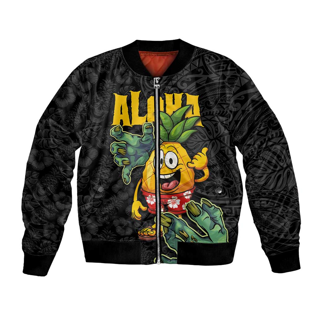 Hawaiian Halloween Bomber Jacket Aloha Pinapple with Mysterious Hands and Polynesian Tribal Tattoo LT03 Unisex Black - Polynesian Pride
