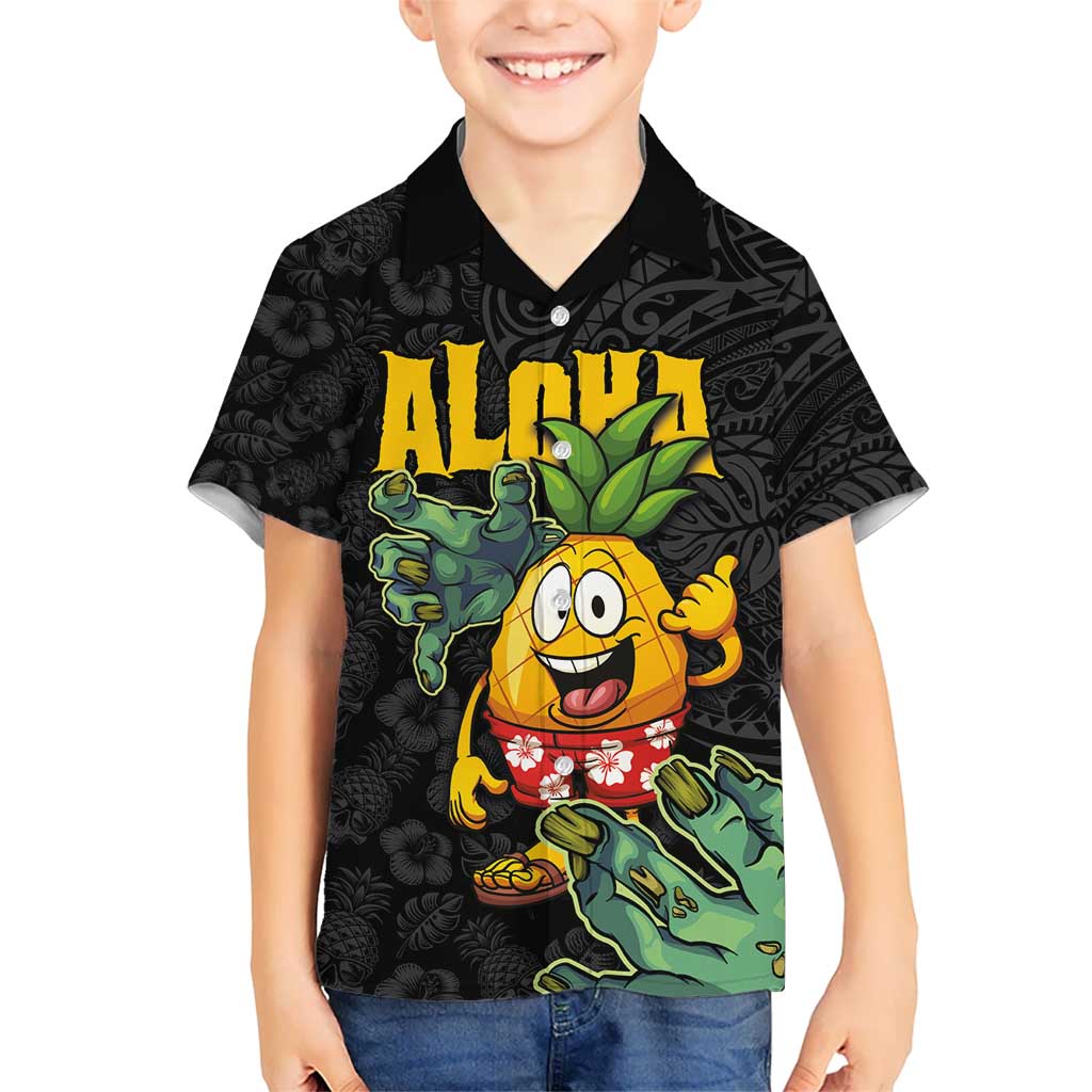 Hawaiian Halloween Kid Hawaiian Shirt Aloha Pinapple with Mysterious Hands and Polynesian Tribal Tattoo LT03 Kid Black - Polynesian Pride