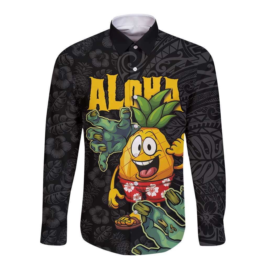 Hawaiian Halloween Long Sleeve Button Shirt Aloha Pinapple with Mysterious Hands and Polynesian Tribal Tattoo LT03 Unisex Black - Polynesian Pride