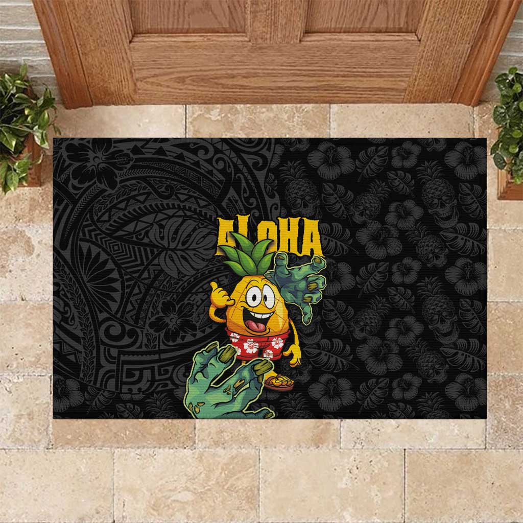 Hawaiian Halloween Rubber Doormat Aloha Pinapple with Mysterious Hands and Polynesian Tribal Tattoo LT03 Black - Polynesian Pride