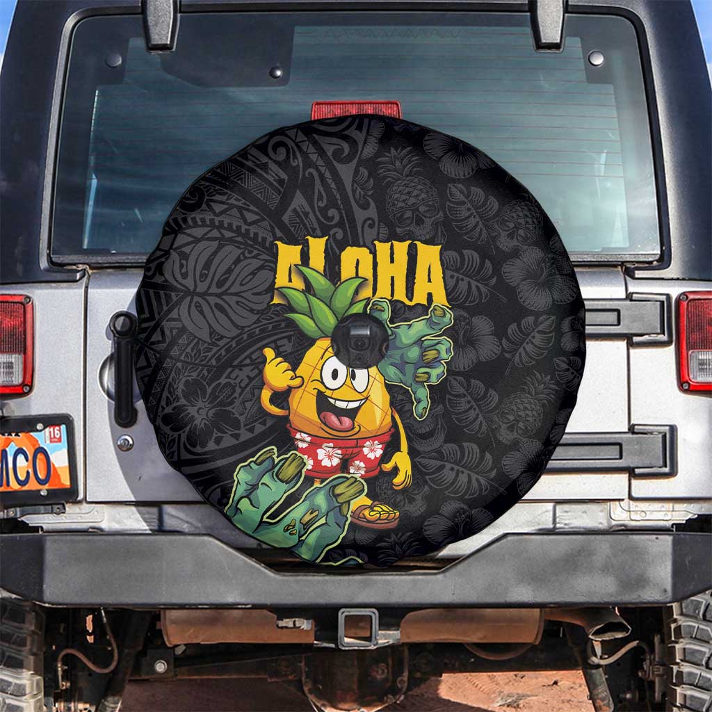 Hawaiian Halloween Spare Tire Cover Aloha Pinapple with Mysterious Hands and Polynesian Tribal Tattoo