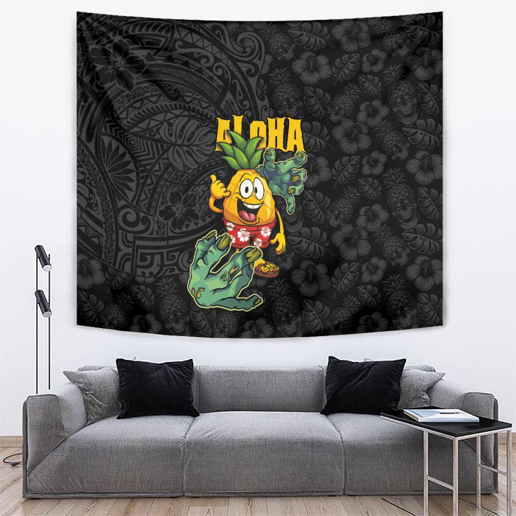 Hawaiian Halloween Tapestry Aloha Pinapple with Mysterious Hands and Polynesian Tribal Tattoo LT03 Black - Polynesian Pride