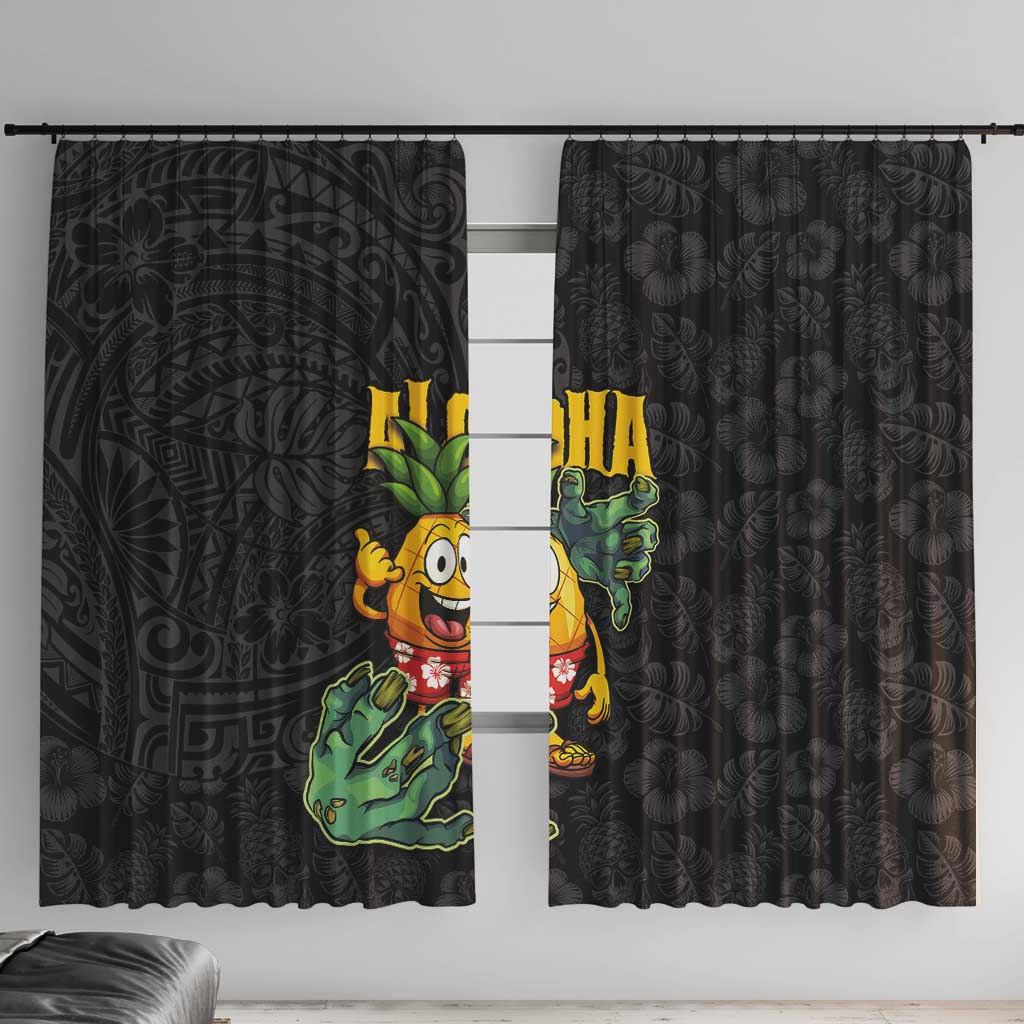 Hawaiian Halloween Window Curtain Aloha Pinapple with Mysterious Hands and Polynesian Tribal Tattoo LT03 With Hooks Black - Polynesian Pride