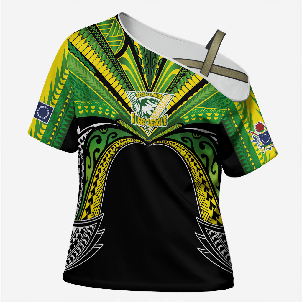 Cook Islands Rugby League Custom Cross Shoulder Shirt Polynesian and Tatau Tribal Art - Black Color
