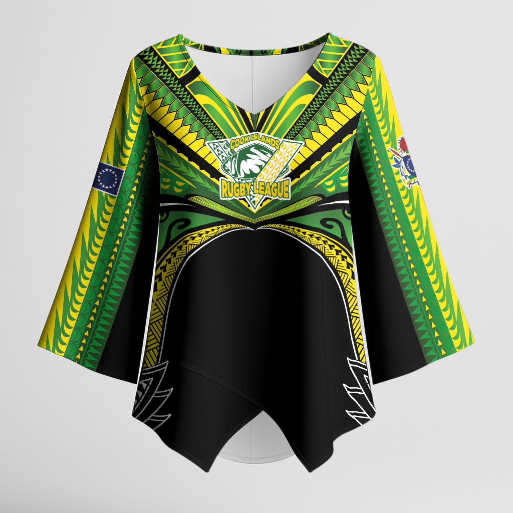 Cook Islands Rugby League Custom Kimono Sleeve Blouse Polynesian and Tatau Tribal Art - Black Color