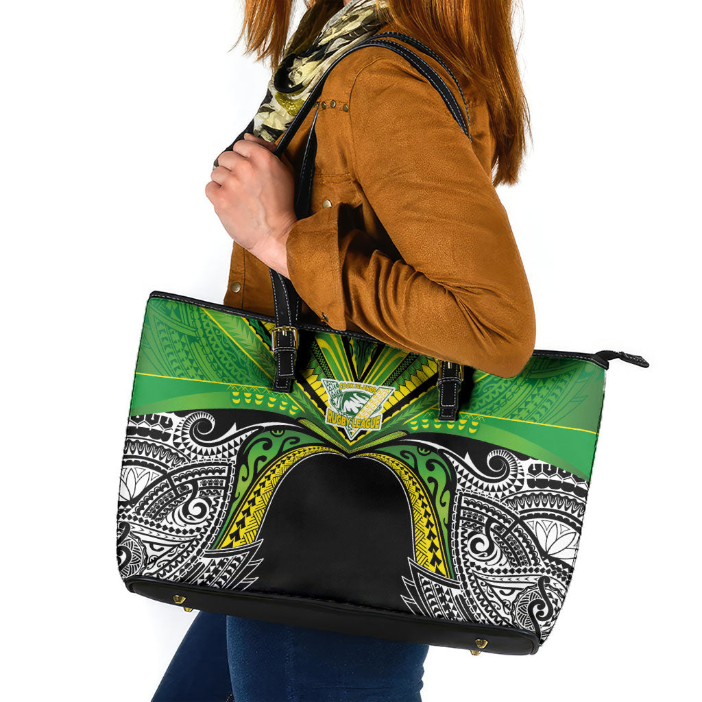 Cook Islands Rugby League Leather Tote Bag Polynesian and Tatau Tribal Art - Black Color LT03 Black - Polynesian Pride