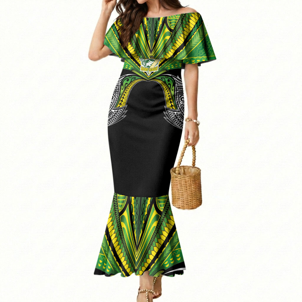Cook Islands Rugby League Custom Mermaid Dress Polynesian and Tatau Tribal Art - Black Color LT03 Women Black - Polynesian Pride