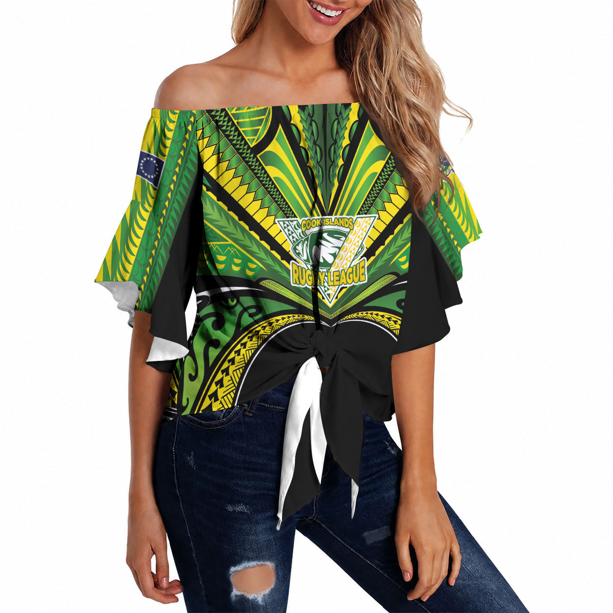 Cook Islands Rugby League Custom Off Shoulder Wrap Waist Top Polynesian and Tatau Tribal Art - Black Color LT03 Black - Polynesian Pride