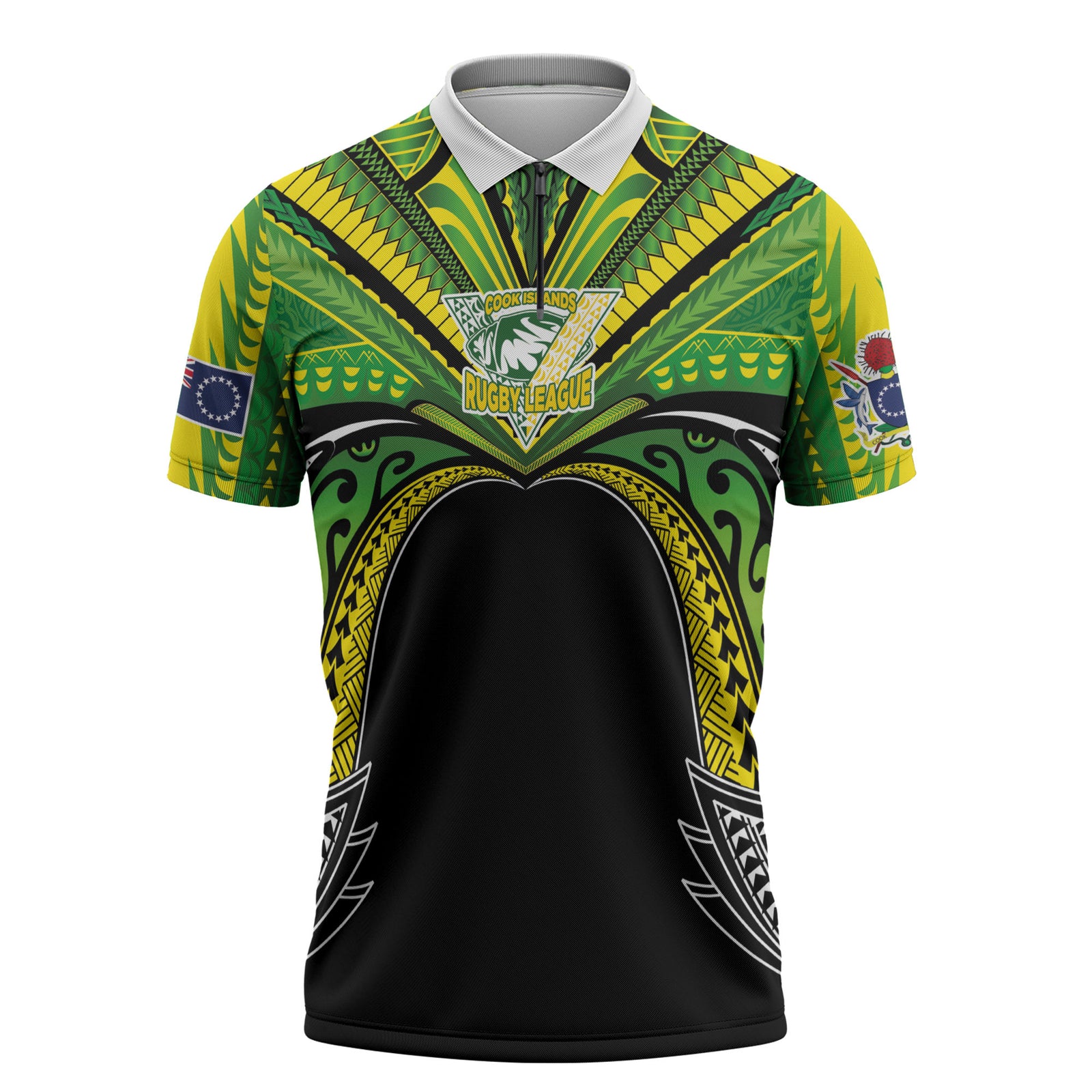 Cook Islands Rugby League Custom Zipper Polo Shirt Polynesian and Tatau Tribal Art - Black Color