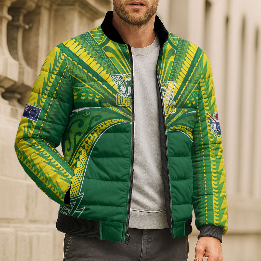 Cook Islands Rugby League Custom Bomber Puffer Jacket Polynesian and Tatau Tribal Art - Green Color LT03 - Polynesian Pride