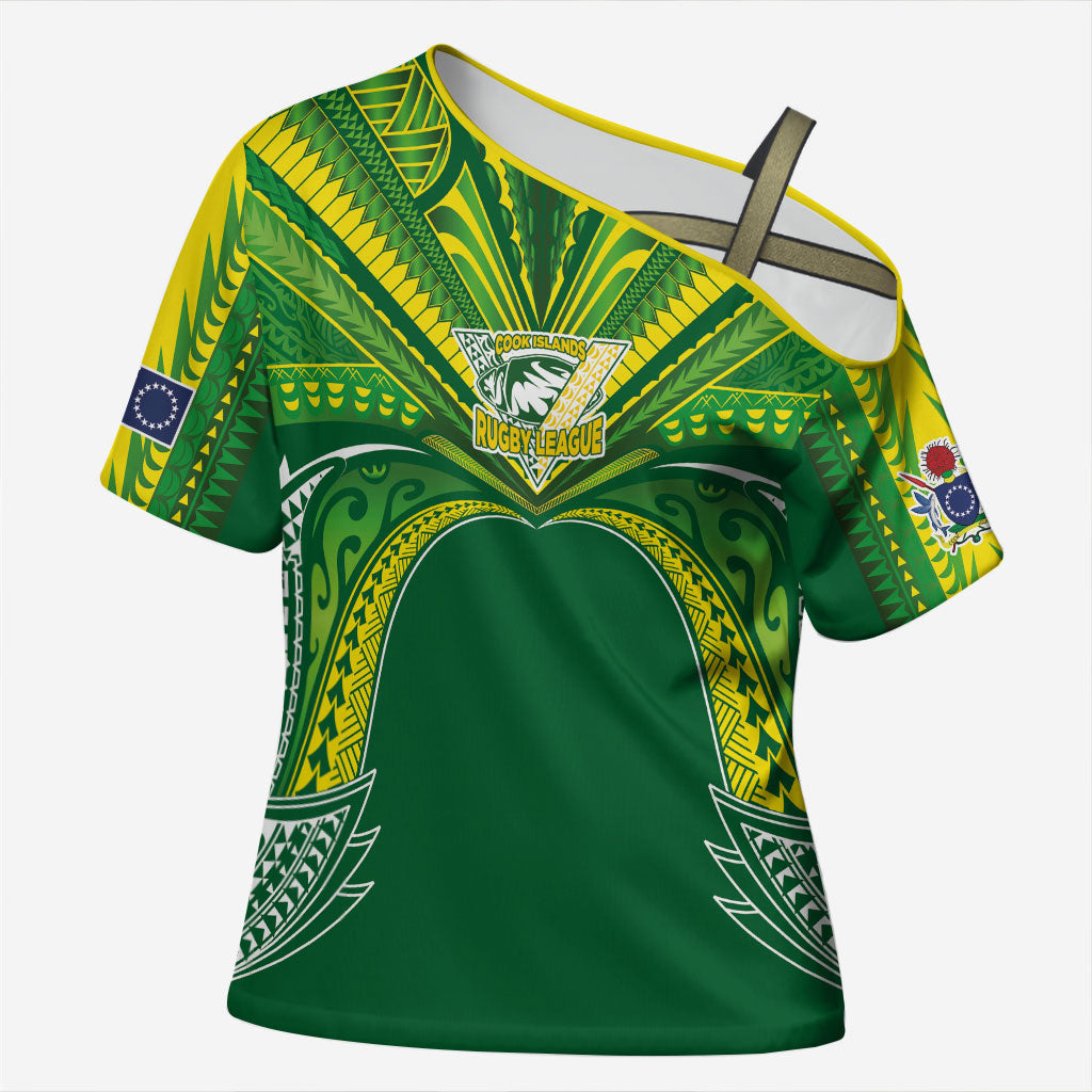 Cook Islands Rugby League Custom Cross Shoulder Shirt Polynesian and Tatau Tribal Art - Green Color