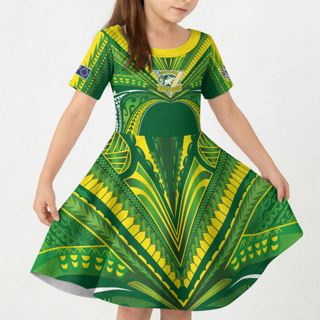 Cook Islands Rugby League Custom Kid Short Sleeve Dress Polynesian and Tatau Tribal Art - Green Color