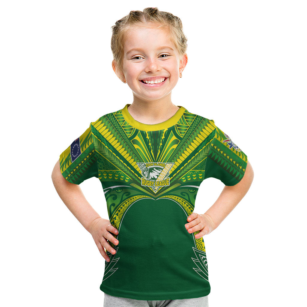 Cook Islands Rugby League Custom Kid T Shirt Polynesian and Tatau Tribal Art - Green Color