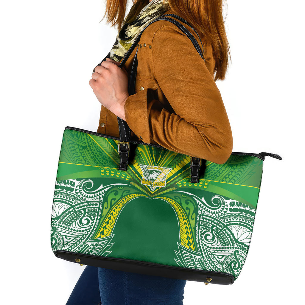 Cook Islands Rugby League Leather Tote Bag Polynesian and Tatau Tribal Art - Green Color LT03 Green - Polynesian Pride