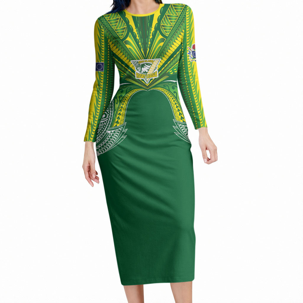 Cook Islands Rugby League Custom Long Sleeve Bodycon Dress Polynesian and Tatau Tribal Art - Green Color LT03 Long Dress Green - Polynesian Pride