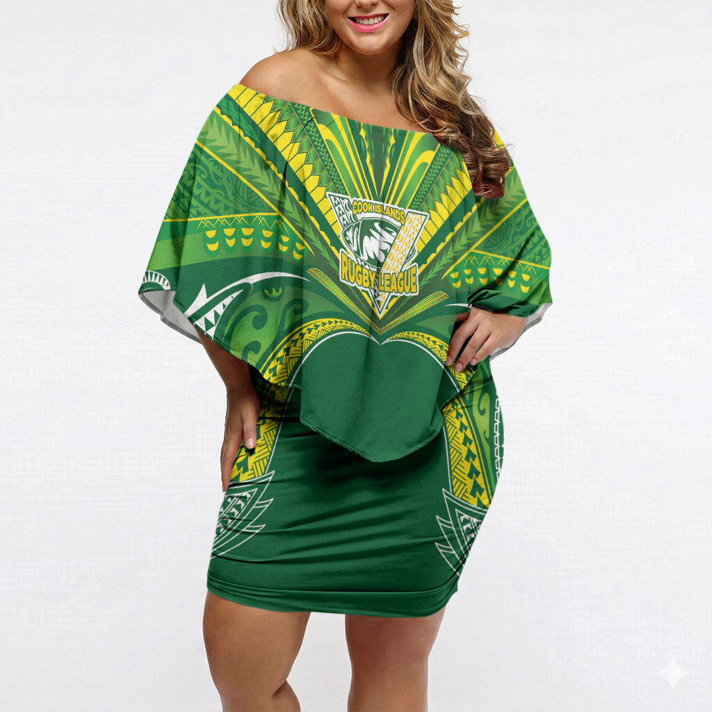 Cook Islands Rugby League Custom Off Shoulder Short Dress Polynesian and Tatau Tribal Art - Green Color LT03 Women Green - Polynesian Pride