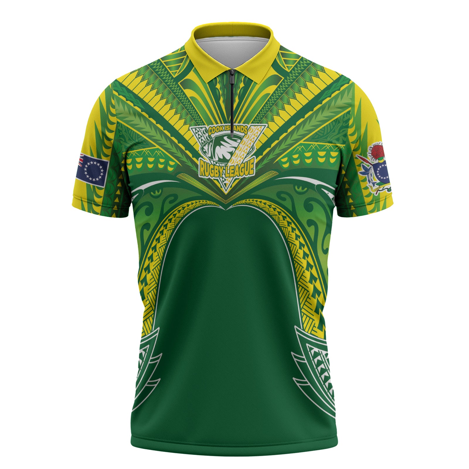 Cook Islands Rugby League Custom Zipper Polo Shirt Polynesian and Tatau Tribal Art - Green Color