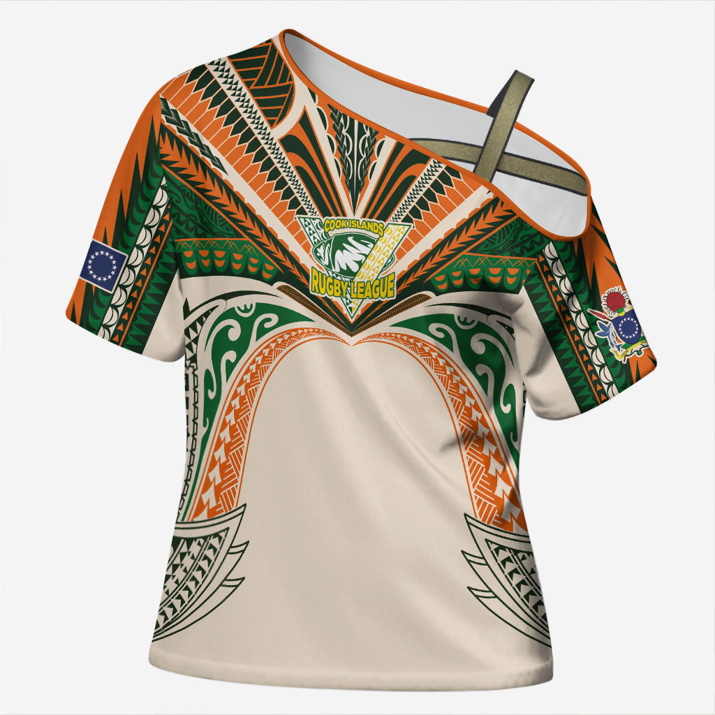 Cook Islands Rugby League Custom Cross Shoulder Shirt Polynesian and Tatau Tribal Art - Retro Palette