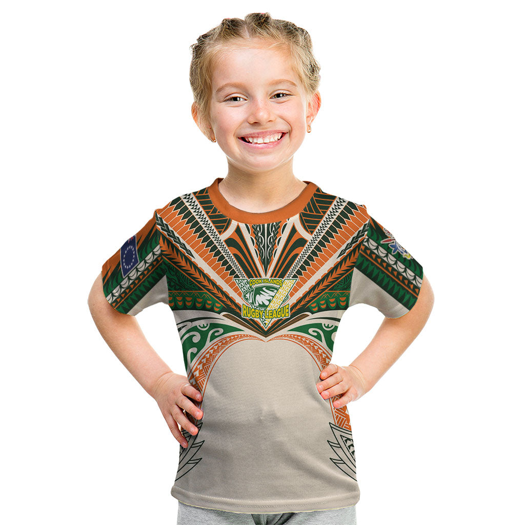 Cook Islands Rugby League Custom Kid T Shirt Polynesian and Tatau Tribal Art - Retro Palette