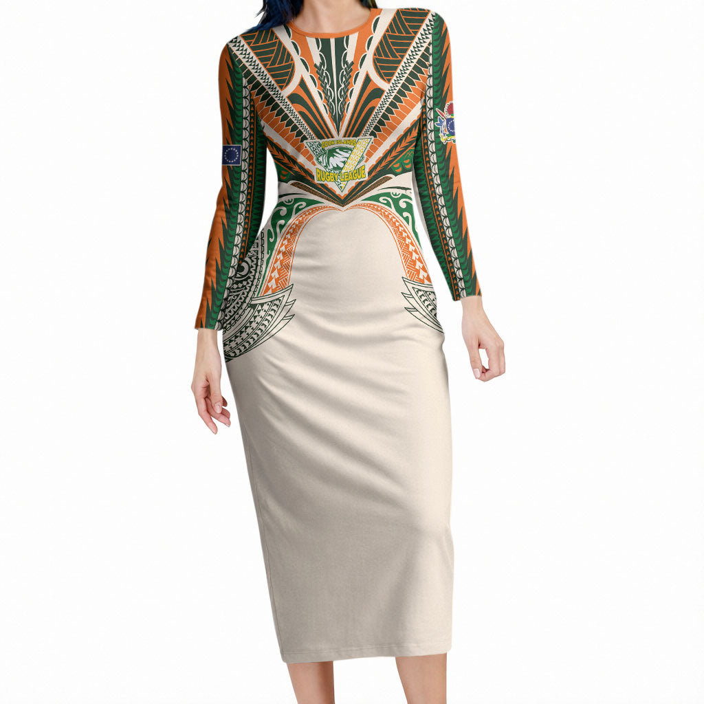 Cook Islands Rugby League Custom Long Sleeve Bodycon Dress Polynesian and Tatau Tribal Art - Retro Palette