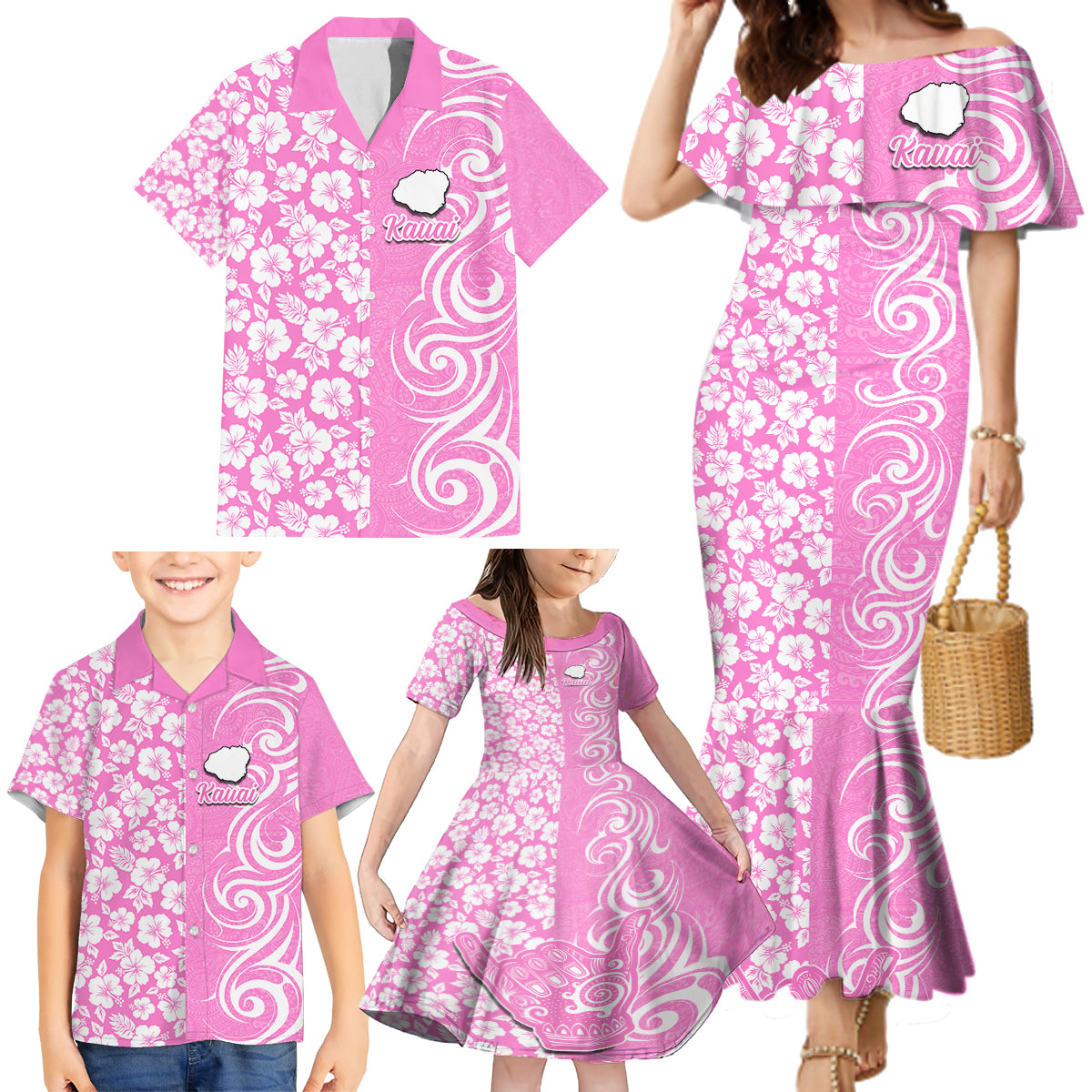 Custom Hawaii Kauai Island Family Matching Mermaid Dress and Hawaiian Shirt Hibiscus Pattern Seamless Tribal Simple Pink LT03 - Polynesian Pride