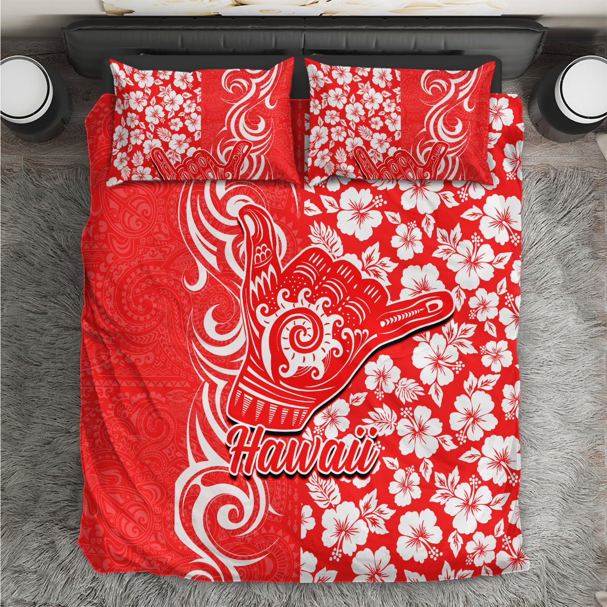 Hawaii Kauai Island Bedding Set Hibiscus Pattern Seamless Tribal Simple Red LT03 Red - Polynesian Pride