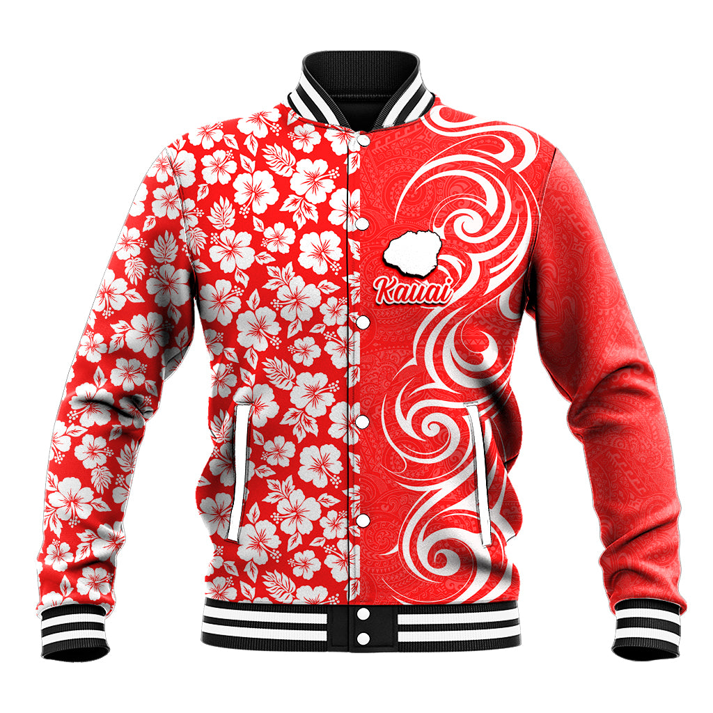 Custom Hawaii Kauai Island Baseball Jacket Hibiscus Pattern Seamless Tribal Simple Red LT03 Unisex Red - Polynesian Pride