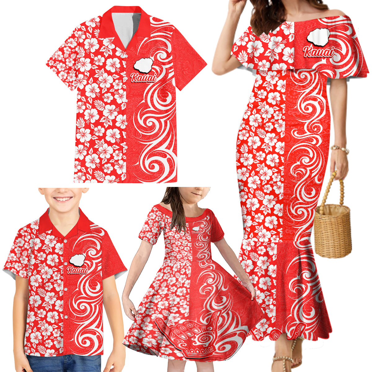 Custom Hawaii Kauai Island Family Matching Mermaid Dress and Hawaiian Shirt Hibiscus Pattern Seamless Tribal Simple Red LT03 - Polynesian Pride