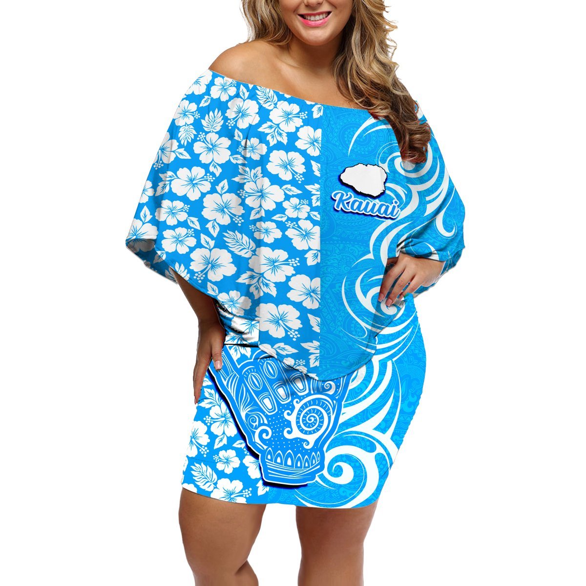 Hawaii Kauai Island Off Shoulder Short Dress Hibiscus Pattern Seamless Tribal Simple Blue LT03 Women Blue - Polynesian Pride