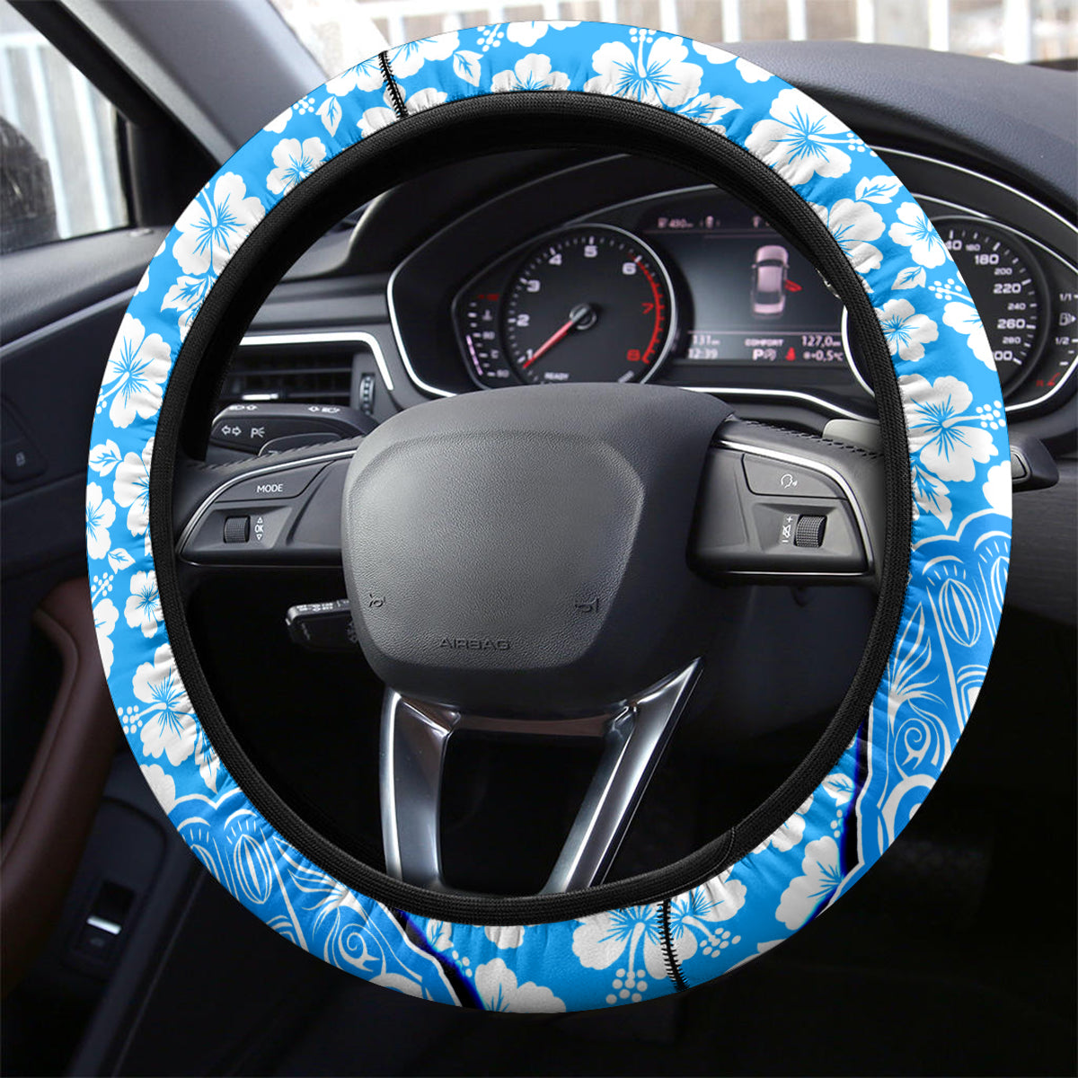 Hawaii Kauai Island Steering Wheel Cover Hibiscus Pattern Seamless Tribal Simple Blue LT03 - Polynesian Pride