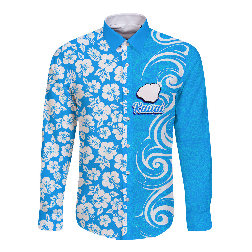 Custom Hawaii Kauai Island Long Sleeve Button Shirt Hibiscus Pattern Seamless Tribal Simple Blue LT03 Unisex Blue - Polynesian Pride