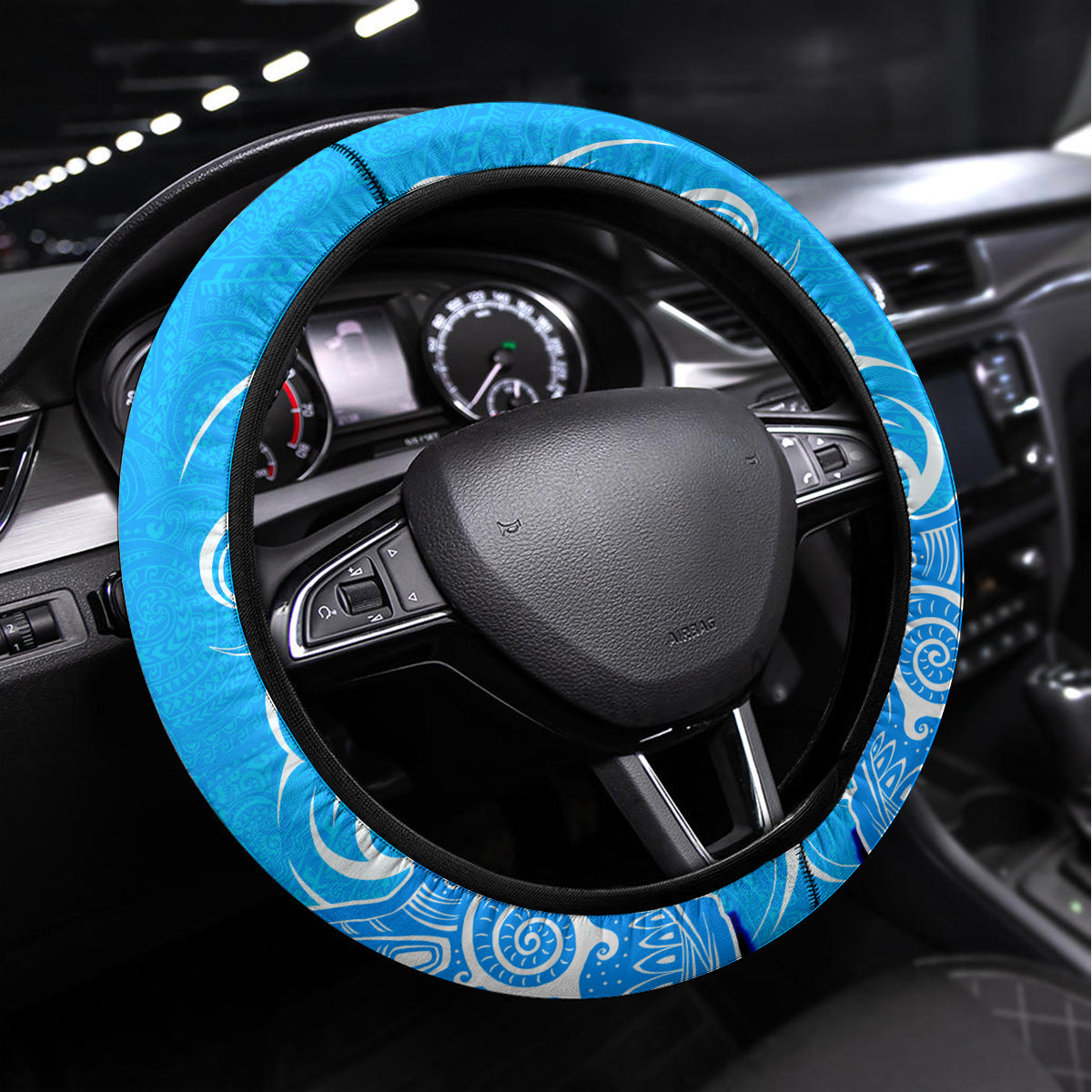 Hawaii Kauai Island Steering Wheel Cover Hibiscus Pattern Seamless Tribal Simple Blue LT03 Universal Fit Blue - Polynesian Pride