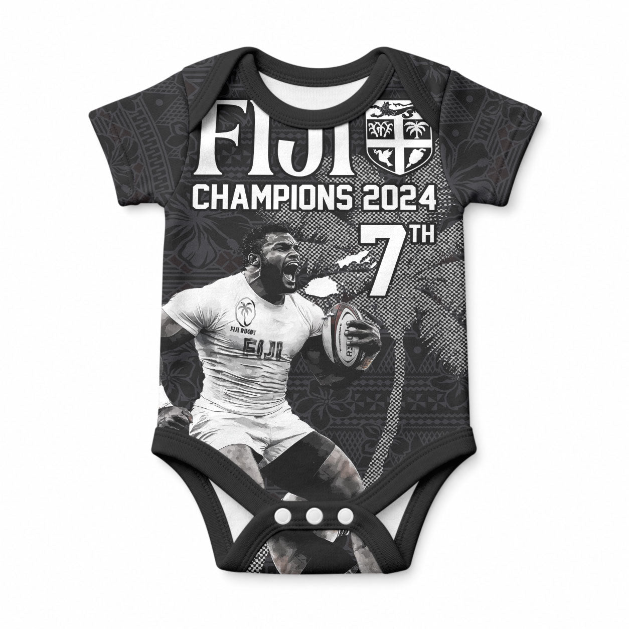 Custom Fiji Rugby Pacific Champions 2024 Baby Onesie Anniversary 7 Titles - Fijians Rugby and Tapa Hibiscus Black Art LT03 Black - Polynesian Pride