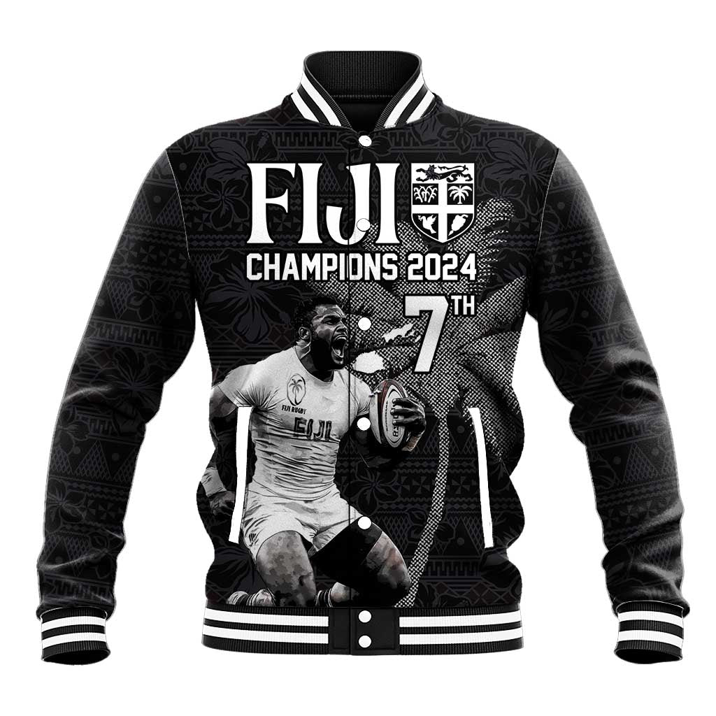 Custom Fiji Rugby Pacific Champions 2024 Baseball Jacket Anniversary 7 Titles - Fijians Rugby and Tapa Hibiscus Black Art LT03 Unisex Black - Polynesian Pride