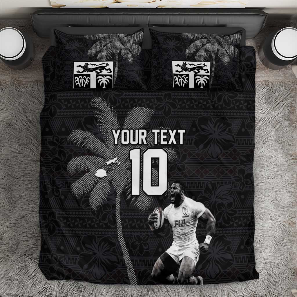 Custom Fiji Rugby Pacific Champions 2024 Bedding Set Anniversary 7 Titles - Fijians Rugby and Tapa Hibiscus Black Art LT03 Black - Polynesian Pride