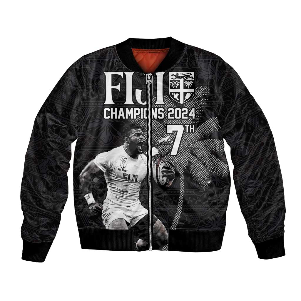 Custom Fiji Rugby Pacific Champions 2024 Bomber Jacket Anniversary 7 Titles - Fijians Rugby and Tapa Hibiscus Black Art LT03 Unisex Black - Polynesian Pride