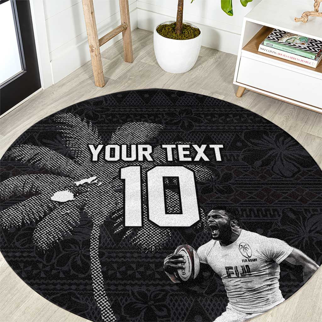 Custom Fiji Rugby Pacific Champions 2024 Round Carpet Anniversary 7 Titles - Fijians Rugby and Tapa Hibiscus Black Art LT03 Black - Polynesian Pride