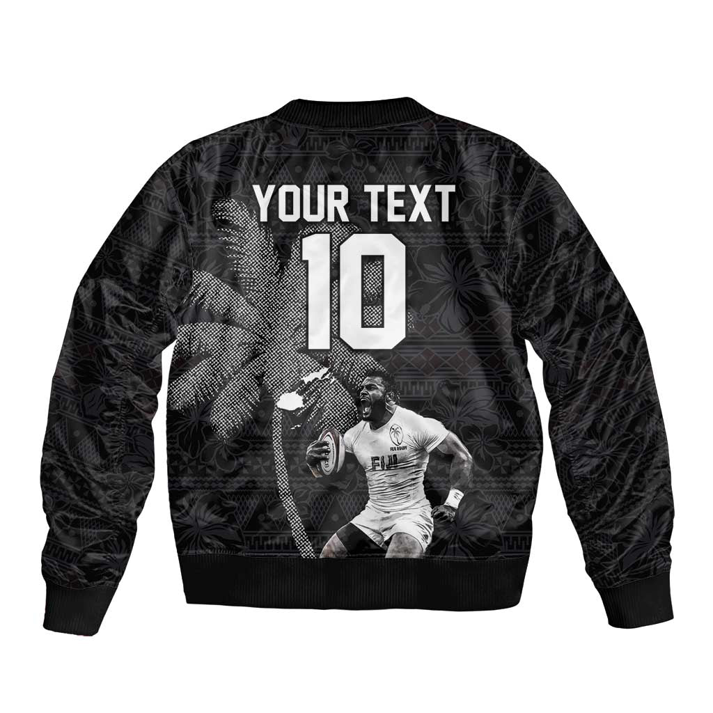 Custom Fiji Rugby Pacific Champions 2024 Sleeve Zip Bomber Jacket Anniversary 7 Titles - Fijians Rugby and Tapa Hibiscus Black Art LT03 - Polynesian Pride