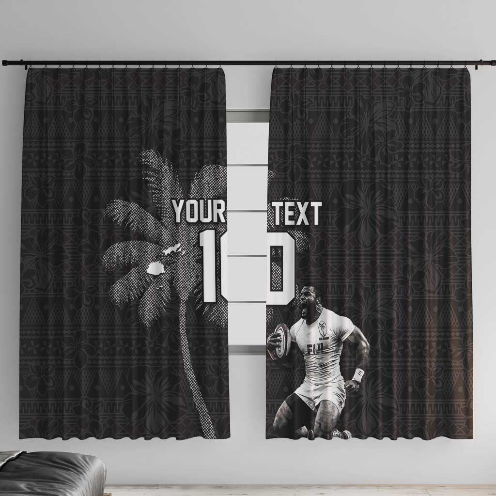 Custom Fiji Rugby Pacific Champions 2024 Window Curtain Anniversary 7 Titles - Fijians Rugby and Tapa Hibiscus Black Art LT03 With Hooks Black - Polynesian Pride