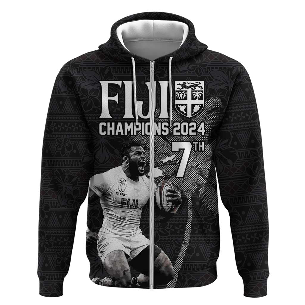 Custom Fiji Rugby Pacific Champions 2024 Zip Hoodie Anniversary 7 Titles - Fijians Rugby and Tapa Hibiscus Black Art