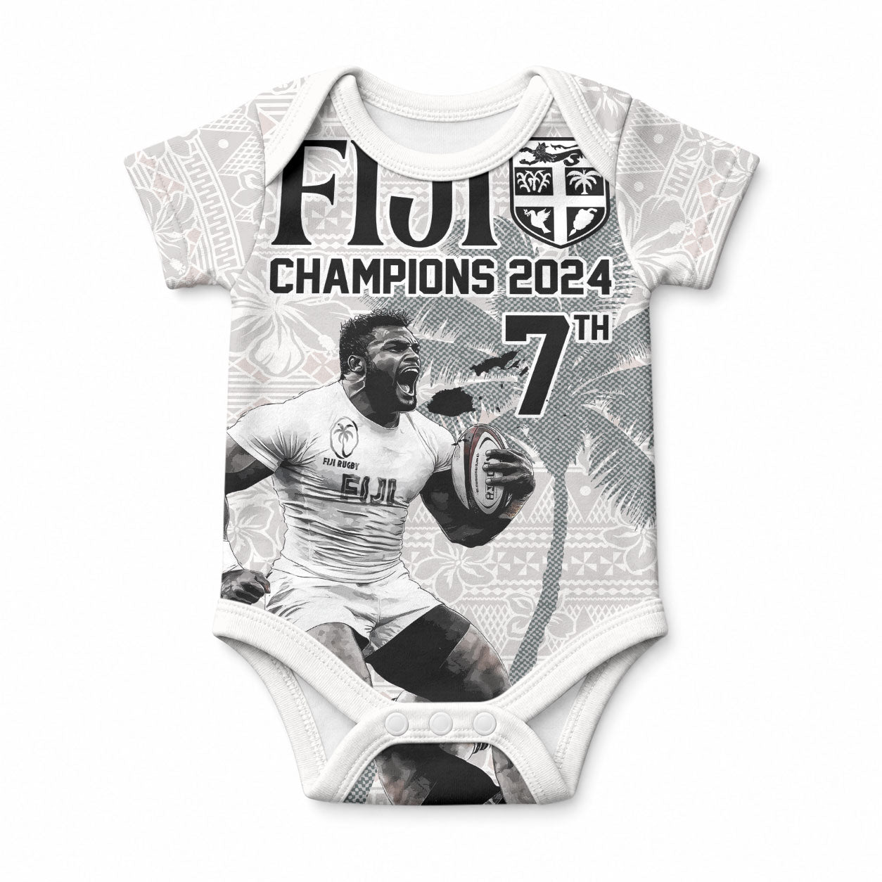 Custom Fiji Rugby Pacific Champions 2024 Baby Onesie Anniversary 7 Titles - Fijians Rugby and Tapa Hibiscus White Art LT03 White - Polynesian Pride
